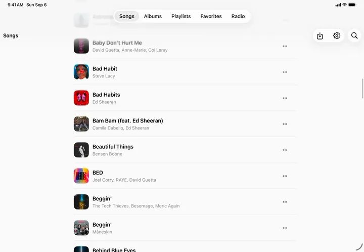 The song list on iPad