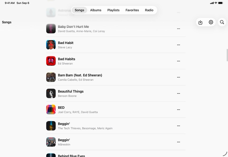 The song list on iPad