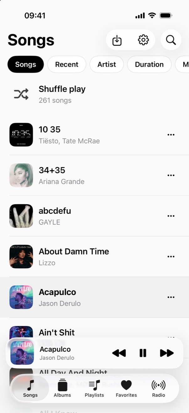 The same song list on iPhone